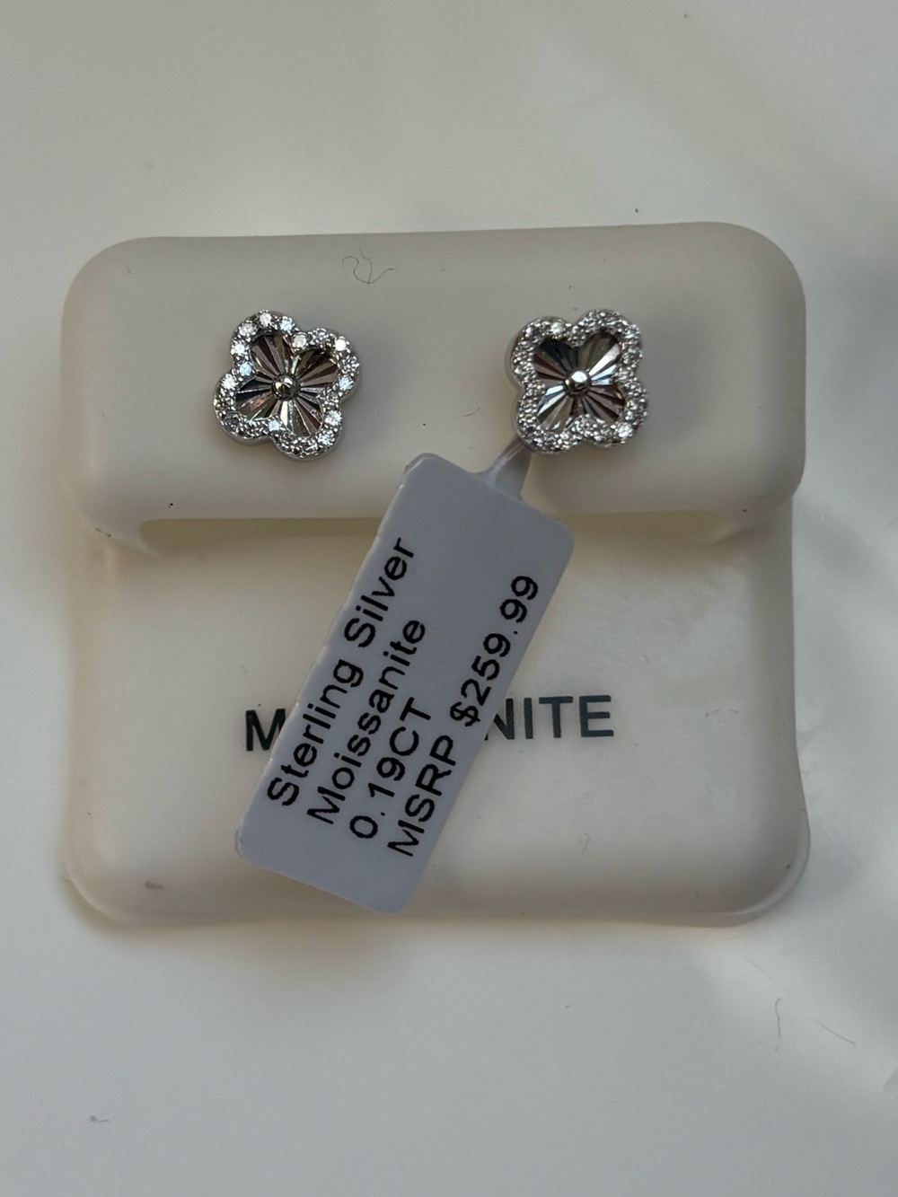 Designer inspired Sterling Silver clover Stud Earrings with Moissanite - Silver